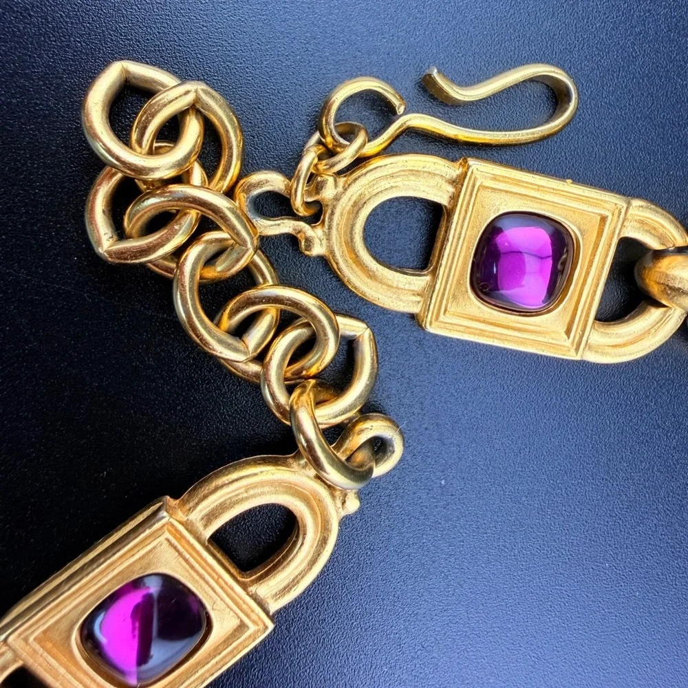 Monet for YSL 1980s Amethyst Glass Cabochon Link Necklace and earrings 68g - Picture 11 of 14